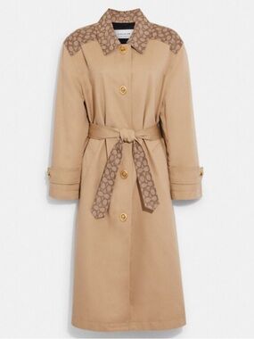 Coach Beige Trench Coat with Signature Monogram and Turn Lock Bottom